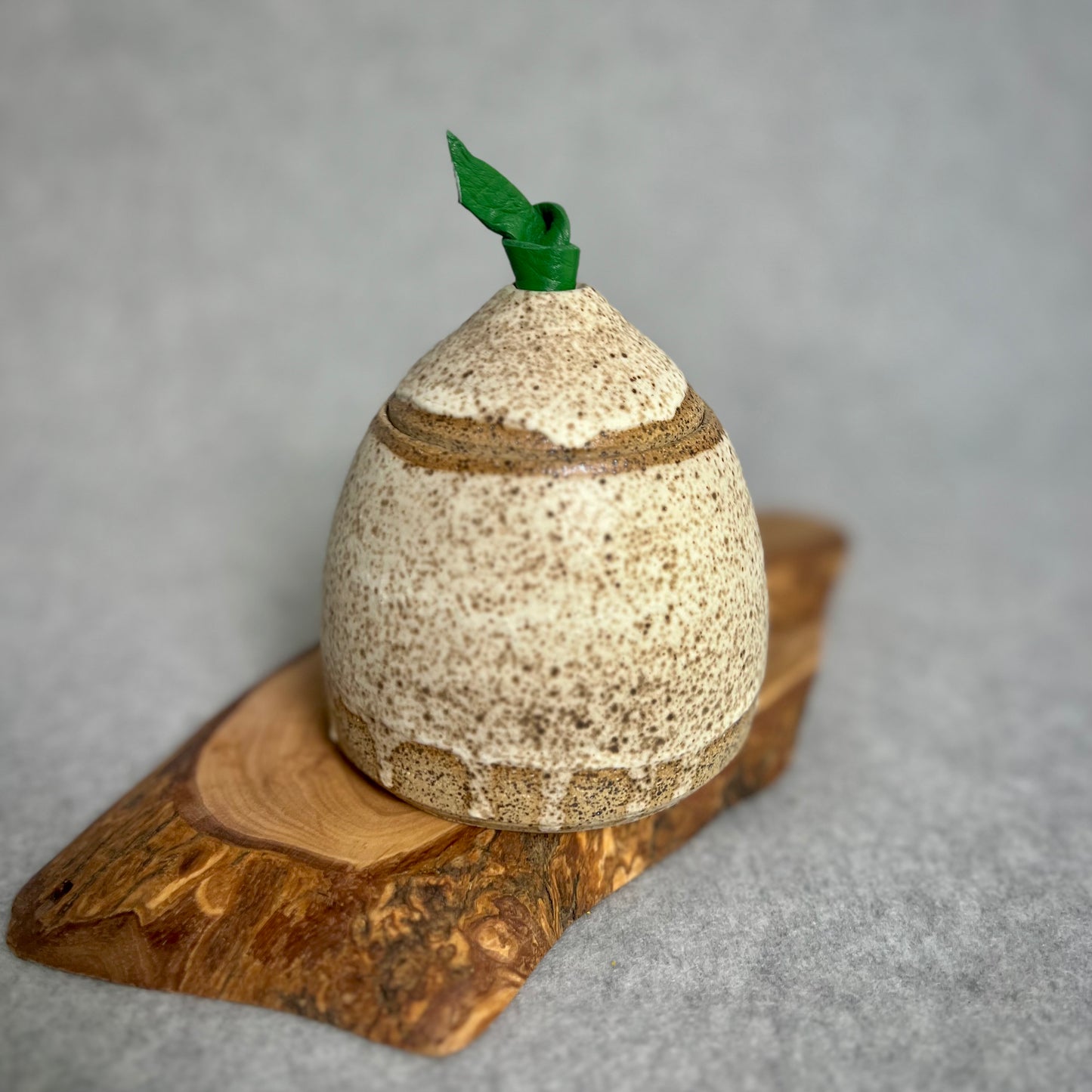Speckled jar with leather handle