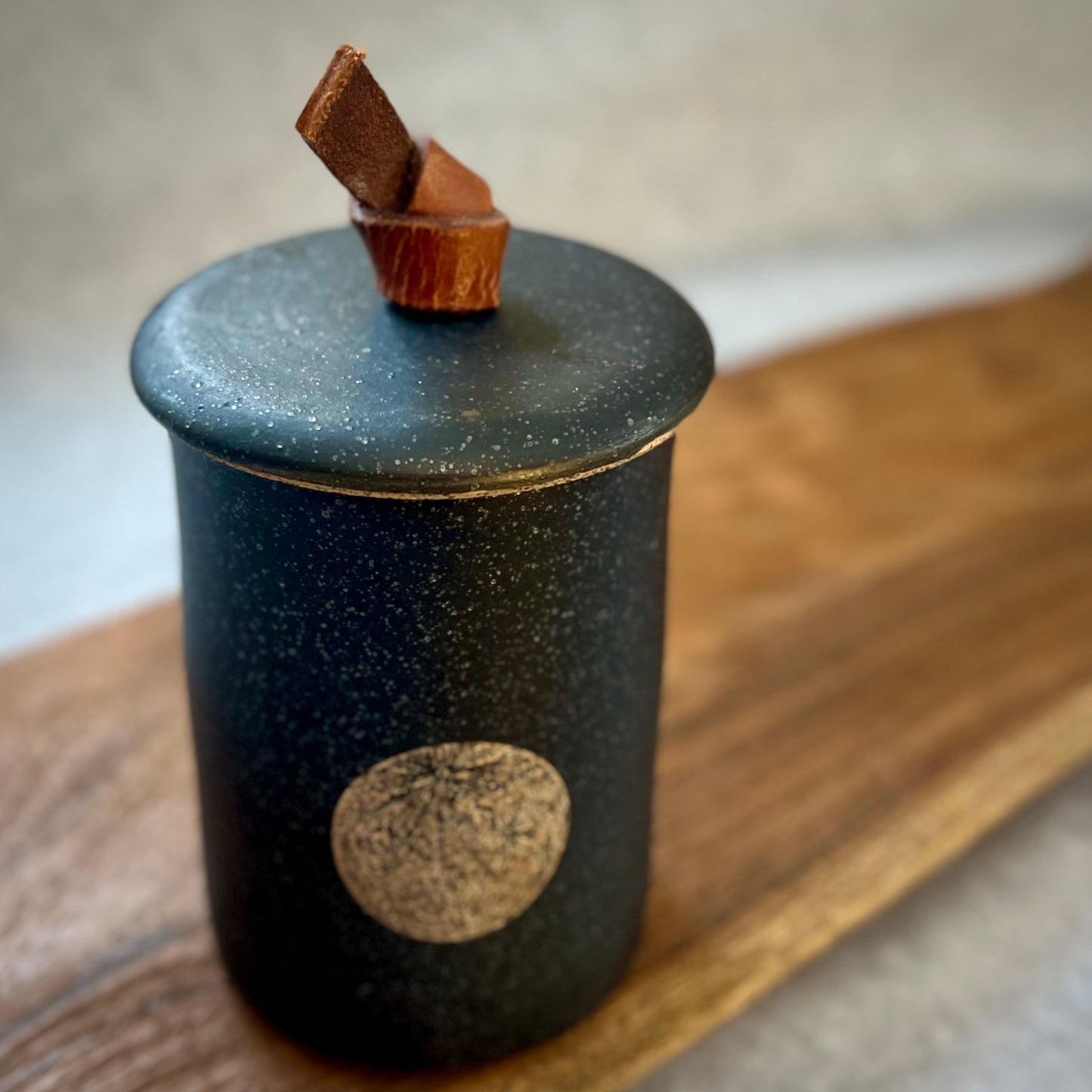 ranch lidded jar with leather handle / 22k gold moon