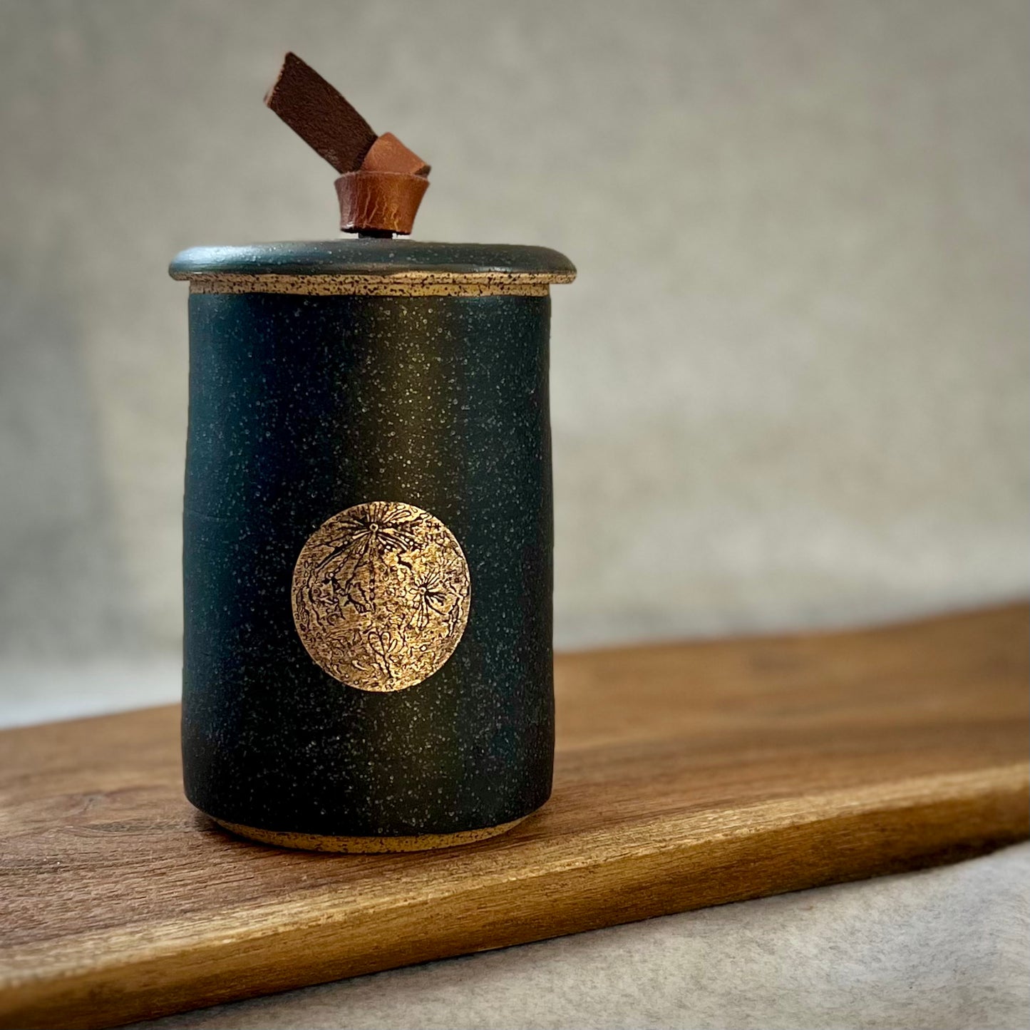 ranch lidded jar with leather handle / 22k gold moon
